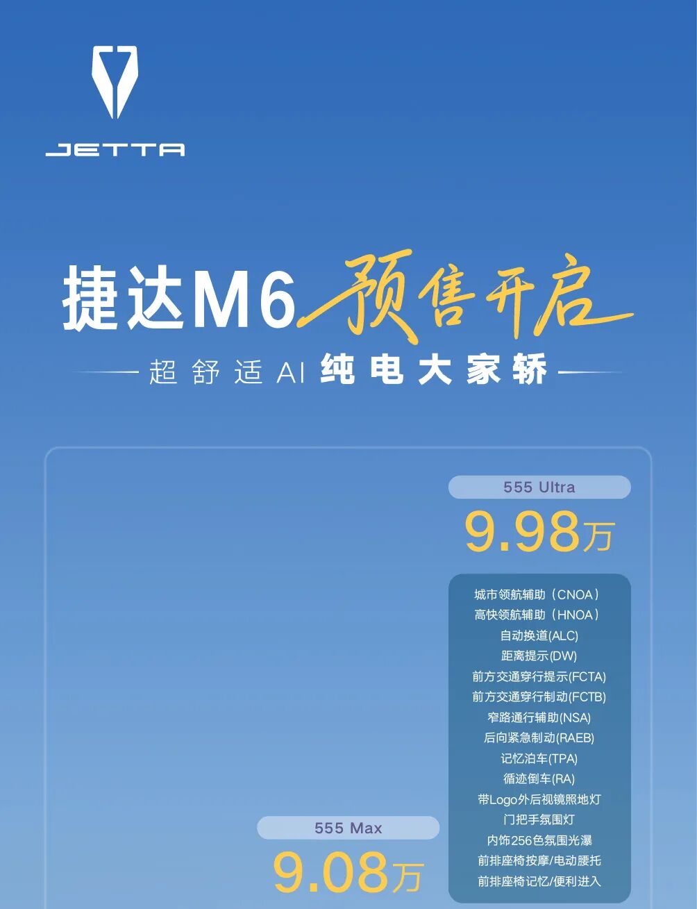 一汽-大众捷达 M6 开启预售:8.08 万元起,最高续航 555km 配城区 NOA