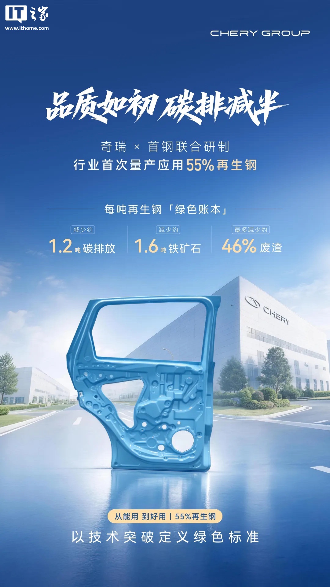奇瑞55%再生钢首发应用：降碳50%可用于关键结构部件